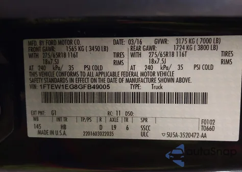 2016 Ford F-150 Lariat from USA, damaged, VIN 1FTEW1EG8GFB49005